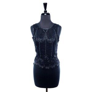 Vtg Women's Fully Hand Beaded Blouse Black Purple Essence Beads With Black Chemi